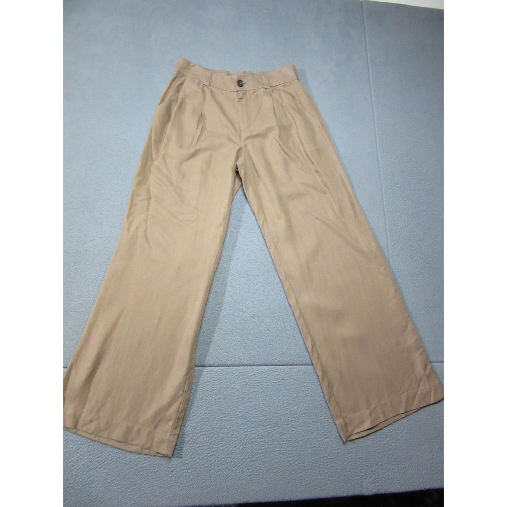Vuori Wide Leg Pants Women Medium Tan Brown Pleated Linen Blend Trousers